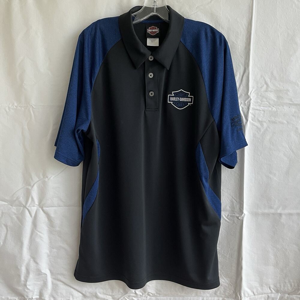 Harley Davidson Appleton Wisconsin embroidered polo shirt, black and blue size L